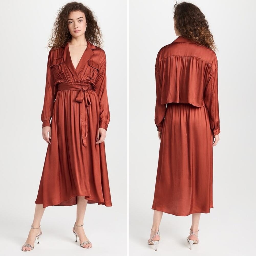 MISA Blair Dress Burnt Orange Satin Midi Long Sleeve Open Back Belted XS NWT